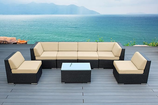 7-Piece Black Wicker Outdoor Patio Sectional Set - No Assembly (Supercrylic Beige)