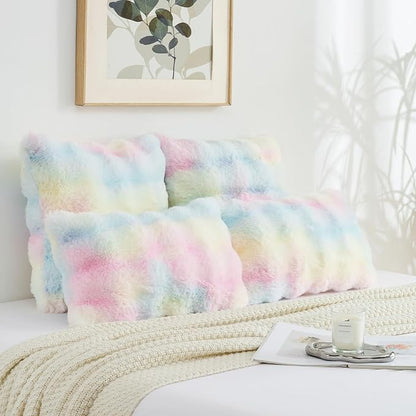 FUTEI Rainbow Decorative Throw Pillow Covers 20x20 Inch Set of 2,Soft Fuzzy Faux Rabbit Fur Cushion Covers with Raised Texture,Neutral Boho Home Decor for Couch Bed Living Room