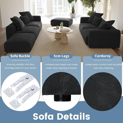 WJShome Cloud Couch Modular Sectional Sofa,102inch L Shaped Sofa with Ottoman,Black 3 Seater Corduroy Couch,Convertible Sectional Sofa for Living Room,Cushion Covers Removable& Washable