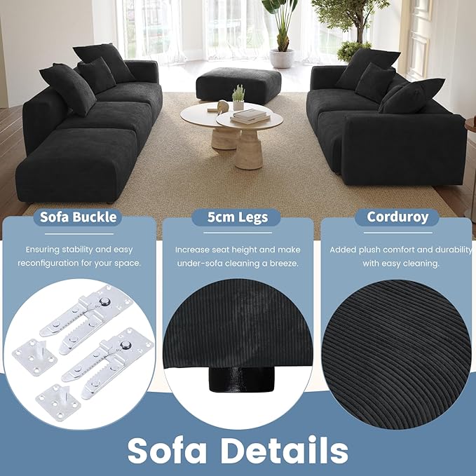 WJShome Modular Sectional Sofa Couch,181.1inch Oversized 4 Seater Couch, Upholstered with Corduroy Fabric Couches with 6 Pillows,Cushion Covers Removable& Washable,for Living Room
