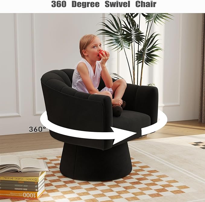 Swivel Accent Chair,Upholstered Velvet 360° Swivel Barrel Chair for Living Room Overstuffed Bouncle Reading Chair Round Armchair for Bedroom,Vanity,Office(Black)