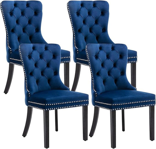 Velvet Dining Chairs Set of 4, Upholstered Dining Room Chairs with Nailhead Ring Pull Trim, Button Tufted Wing Back Chairs for Dining with Solid Wood Legs for Kitchen Dining Room(Blue)