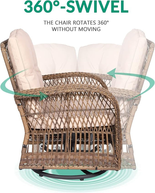 VIVIJASON 7-Piece Outdoor Patio Wicker Conversation Sets, All Weather Outdoor Rattan Furniture Set Includes Glider Loveseat, 2 Glider Rocker Chairs, 2 Swivel-Gliders Chairs, 2 Coffee Table Light Brown