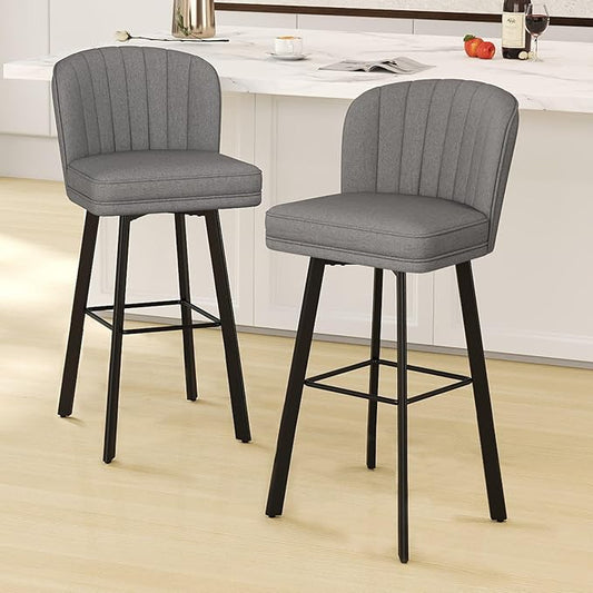 Swivel Counter Height Bar Stools Set of 2, 30'' Modern Barstools with Backs and Metal Legs, Upholstered Bar Chairs,Mid-Gray,Fabric Stools for Kitchen Island Chairs
