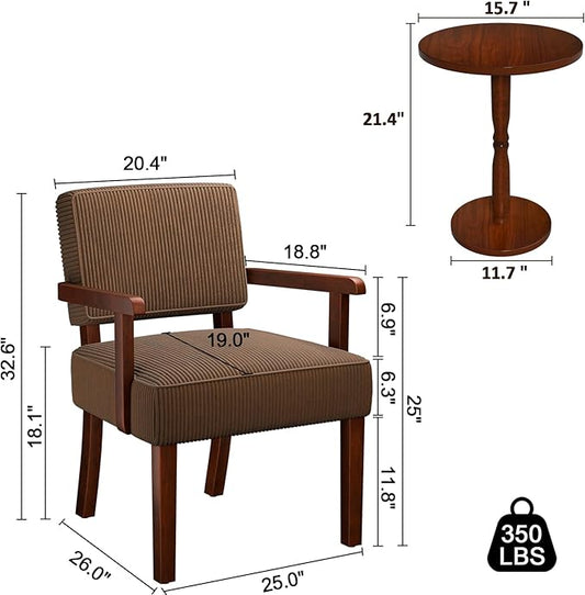 Corduroy Accent Chair Set of 2 with Table, Mid Century Modern Armchairs with Solid Wood Frame, Oversized Reading Leisure Chair (Corduroy Brown, Set of 2 with Table)