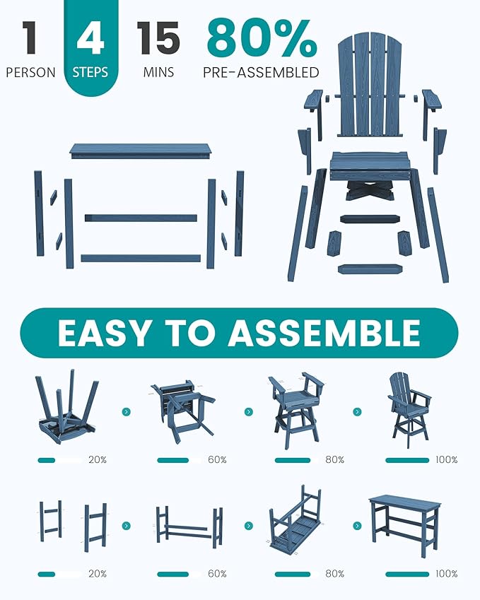 SERWALL 10-Piece Swivel Adirondack Bar Set, HDPE Swivel Bar Height Chairs Set of 8 with 2 Bar Tables, All-Weather Outdoor Barstools for Patio, Poolside, Garden, Blue