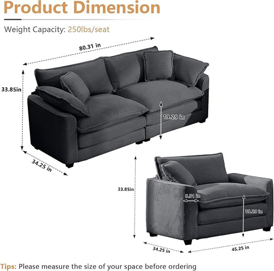 mikibama Luxury 2 Piece Sofa Set, Loveseat Couch & Sofa Armchair Set, Modern Corduroy Comfy Cloud Couches Set for Living Room Office with 2 Armrest Pillows and 3 Toss Pillows, Grey