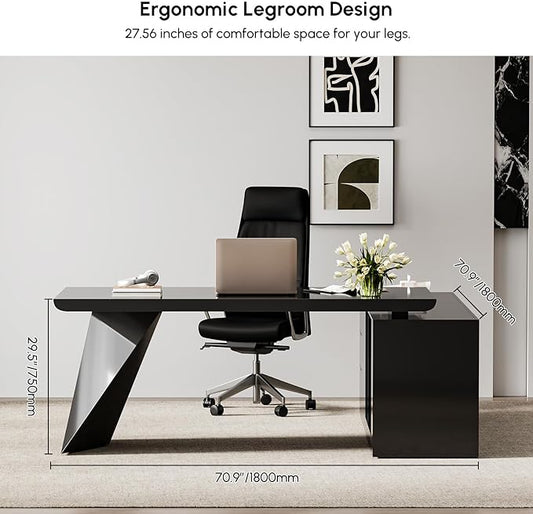 homary 70.9" Modern L-Shape Executive Desk Set, Home Office Desk with Home Office Executive Chair, Drawers & Cabinet Modern Computer Desk for Home Business Furniture, Black, Right Hand