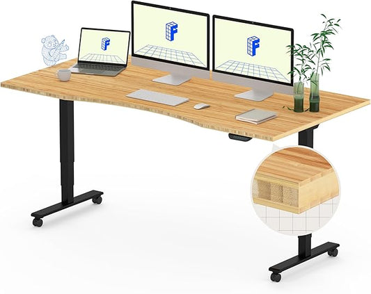 FLEXISPOT E6 MAX Bamboo 60x30 Inch Dual Motor 3-Stage Heavy Duty Standing Desk, 330lbs Weight Capacity, Height Adjustable Desk w/Cable Management & Wheels (Solid Bamboo Curved Desktop + Black Frame)