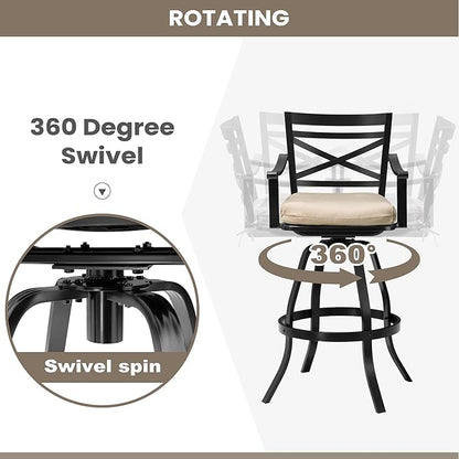 Pellebant 30" Sunbrella Outdoor Bar Stools Set of 6, Aluminum Swivel Patio Bar Height Bar Stools with Back & Footrest, for Deck Lawn Garden(Canvas Antique Beige)