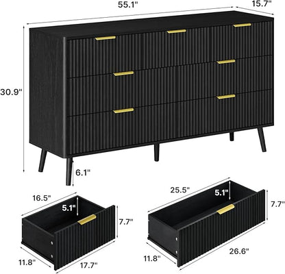 LYNSOM Fluted Dresser and Nightstand Sets 4 Piece, 2-Drawer Nightstands and 5/6 Drawers Dresser, Wood Bedroom Furniture Set for Home, Bedroom, Hallway, Black