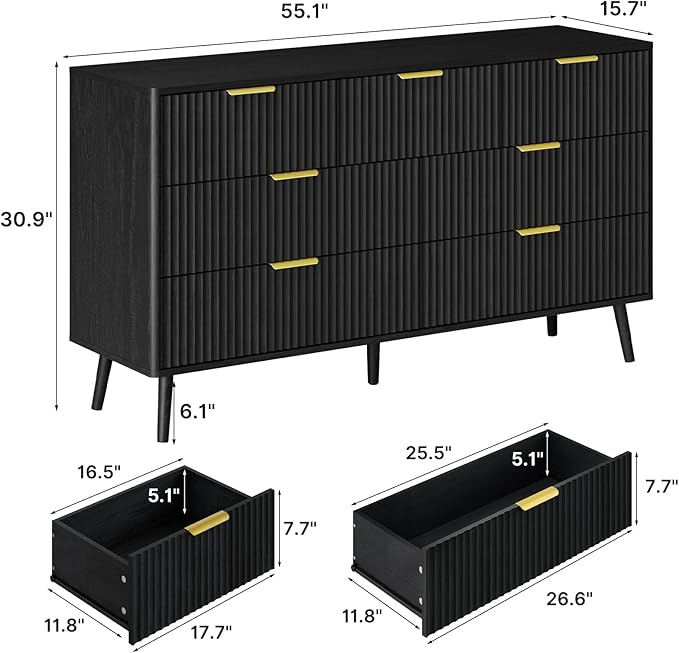 LYNSOM Fluted Dresser and Nightstand Sets 4 Piece, 2-Drawer Nightstands and 5/7 Drawers Dresser, Wood Bedroom Furniture Set for Home, Bedroom, Hallway, Black