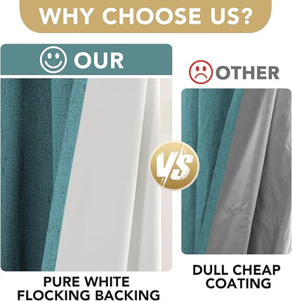 H.VERSAILTEX Linen Blackout Curtains 84 Inches Long 100% Absolutely Blackout Thermal Insulated Textured Linen Look Curtain Draperies Anti-Rust Grommet, Energy Saving with White Liner, 2 Panels, Teal