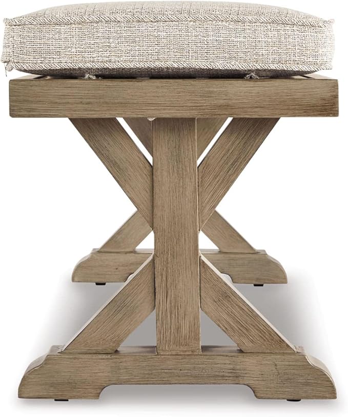 Signature Design by Ashley Beachcroft Outdoor Bench with All-Weather Cushion, Cleanable Performance Fabric, Rust-Resistant Aluminum Frame, 20.38" High, Beige