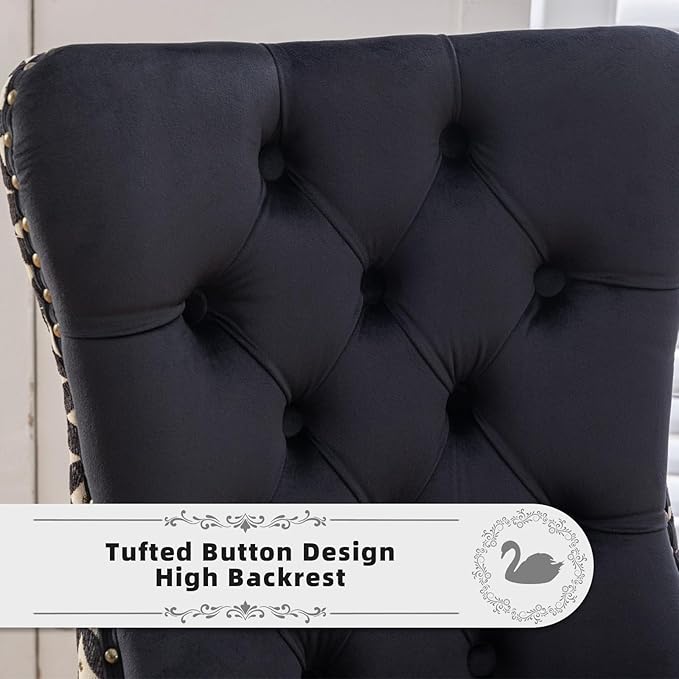 Velvet Upholstered Dining Chairs Set of 4, Modern Style Kitchen Side Chairs with Nailhead Trim and Wood Legs,Metal Pulling Ring for Dining Room Living Room(Quadrangular Star&Black)