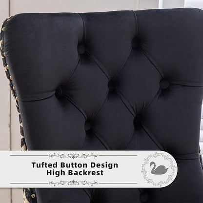 Velvet Upholstered Dining Chairs Set of 6, Modern Style Kitchen Side Chairs with Nailhead Trim and Wood Legs,Metal Pulling Ring for Dining Room Living Room(Quadrangular Star&Black)