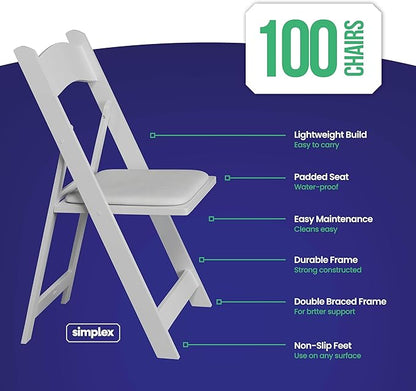 SIMPLEX 100 White Resin Stackable Chairs - Comfortable White Foldable Chair - Folding Chairs with Padded Seats - Indoor/Outdoor Folding Chairs for Events - Lightweight Foldable Chairs. (Set of 100)