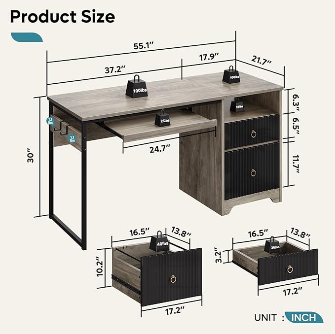 Bestier 55 Inch Computer Desk with Keyboard Tray, Modern Office Desk with Storage, Wood Writing Desk with File Drawer, Fluted Panel & 2 Hooks for Home Office & Studio, Grey