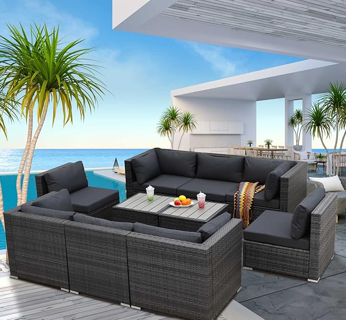 NICESOUL 10 Piece Outdoor Patio Furniture Set, Extra Large Wicker Modular Sectional with Side Tables, 29.3'' High Back Comfortable Rattan Conversations, Modern Couches Gray Color for Exteriors, Gray