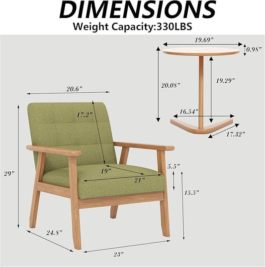 Modern Accent Chair with Wooden Table, Upholstered Linen Fabric Leisure Side Chair with Arm Rest and Wooden Frame for Living Room, Bedroom Reading (Green)