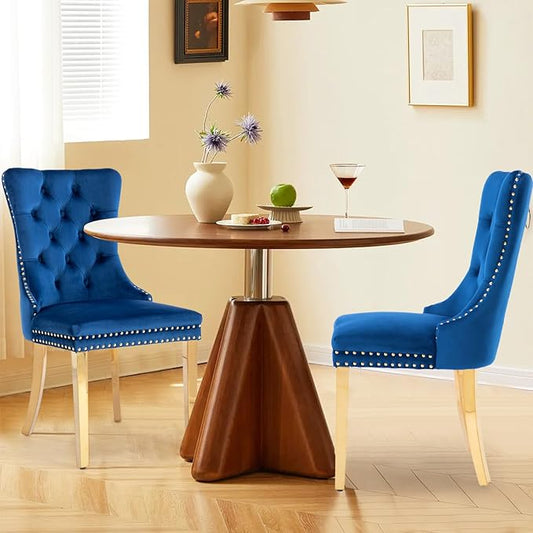 Velvet Upholstered Dining Chairs Set of 2, Modern Style Kitchen Side Chairs with Nailhead Trim and Gold Plated Leg, Metal Pulling Ring for Dining Room Living Room（Blue-Gold Plated Leg）