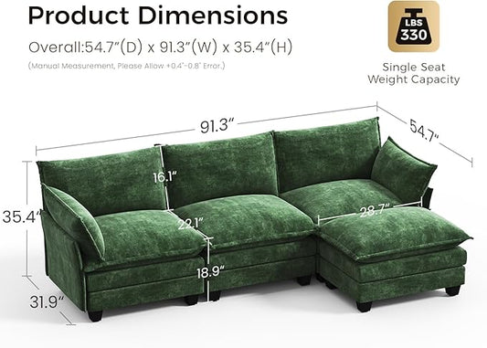 KKL 91.3" Modular Sectional Sofa, L-Shaped 4 Seater Cloud Couch with Ottoman, Chenille Modern Sectional Couches for Living Room, Apartment, Green