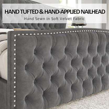 AMERLIFE Queen Size Platform Bed Frame, Velvet Upholstered Bed with Deep Button Tufted & Nailhead Trim Wingback Headboard/No Box Spring Needed/Grey