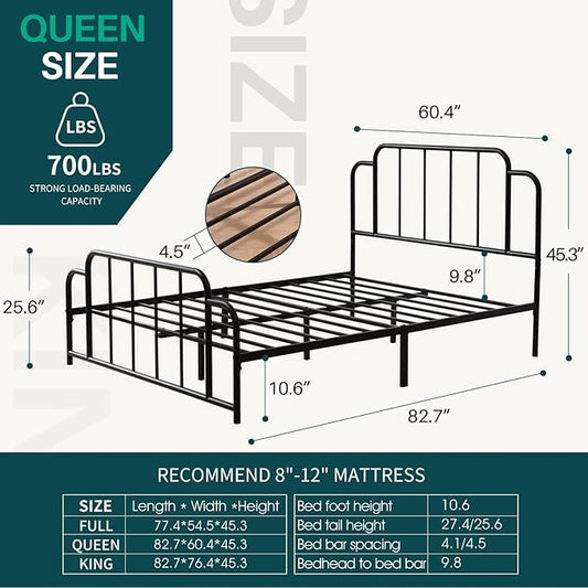 PINJU Metal Platform Bed Frame with Headboard and Footboard, Classic Style, Sturdy Metal Slats, No Box Spring Needed, Easy Installation (Black, Queen)