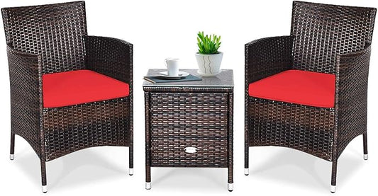 COSTWAY 3 PCS Patio Furniture Set, Outdoor Wicker Conversation Set with Tempered Glass Coffee Table, Seat Cushions, Rattan Wicker Chairs for Poolside Balcony Porch Backyard, Red