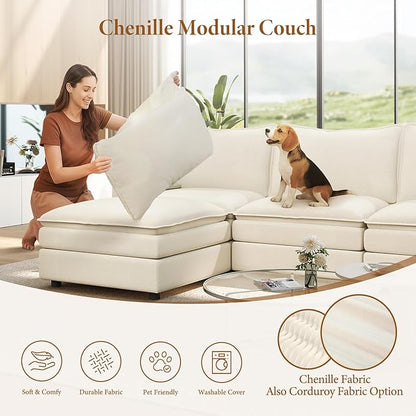 Vesgantti 142" Cloud Couch Sectional Modular Sofa, Comfy Sectional Couch with Ottoman Deep Seat Chenille L Shaped Sofa, Modular Couches for Living Room, Bedroom and Apartment, Beige