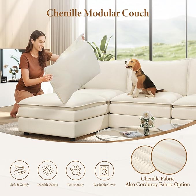 Vesgantti 108" V-Shaped Corner Couch Sectional, 7 Seat Customizable Modular Cloud Couches with Movable Ottoman, Chenille Deep Seat Sofa Set with Chaise for Living Room, Bedroom and Apartment, Beige