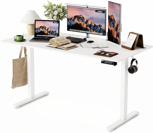 Monomi 55 Inch Electric Standing Desk, Height Adjustable Sit Stand Up, Work Home Office Computer PC Desks, Gaming Writing Study Bedroom Rising Table, White