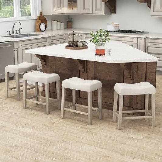 COSTWAY Wooden Saddle Stools Set of 4, 24-inch Counter Height Upholstered Backless Bar Stools with Solid Rubber Wood Legs, Padded Seat, Farmhouse Dining Chairs for Kitchen Island, Cafe, Beige