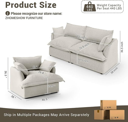 82” Modular Sectional Sofa, Comfy Down Fill Cloud Couch, Loveseat with Single Seater, Small Couch with Washable Cover, Sectional Couches for Living Room Small Apartments, Light Gray