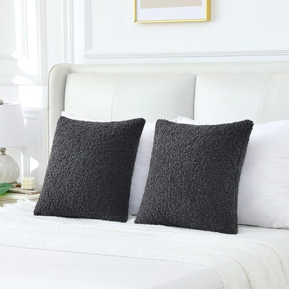 FUTEI Charcoal Throw Pillow Covers 18x18 Inch Set of 2,Furry Faux Fur Teddy Boucle Textured Cushion Covers,Soft Fluffy Decorative Pillow Case,Home Decor for Couch Bed Living Room Office Car