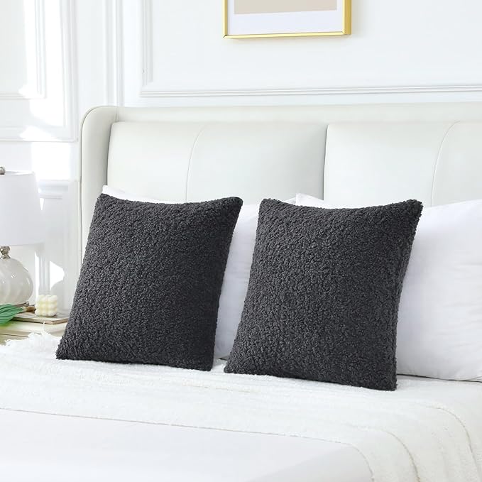 FUTEI Charcoal Throw Pillow Covers 20x20 Inch Set of 2,Furry Faux Fur Teddy Boucle Textured Cushion Covers,Soft Fluffy Decorative Pillow Case,Home Decor for Couch Bed Living Room Office Car