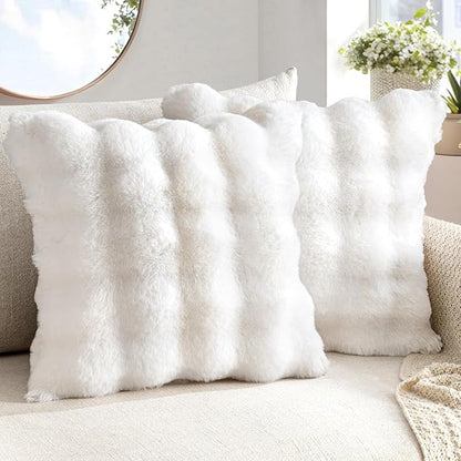 MIULEE Faux Fur Pillow Covers Thick Soft Plush Christmas 24x24 Inch Pack of 2 Euro Throw Pillows Luxury Home Decor for Winter Holiday Bed Couch Bedroom Living Room Sofa,White