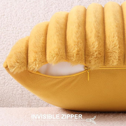 Pallene Faux Fur Plush Throw Pillow Covers 18x18 Set of 2, Luxury Soft Fluffy Striped Decorative Pillow Covers for Sofa, Couch, Living Room, Mustard Yellow