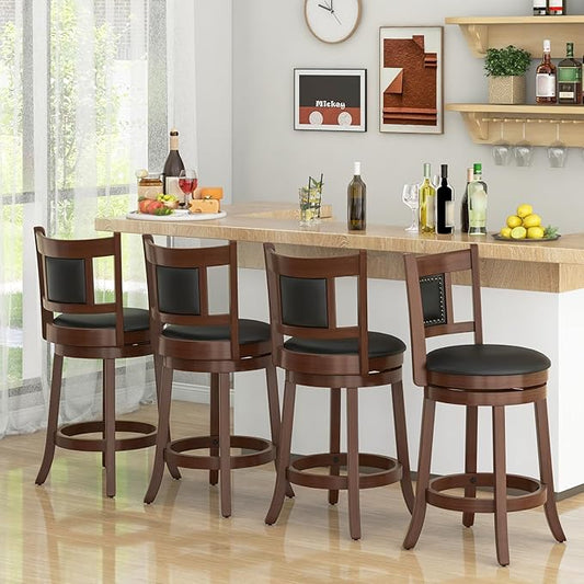 COSTWAY Bar Stools Set of 4, 25.5” Swivel Upholstered Counter Height Bar Stool with Curved Backrest & Cushioned Seat, Solid Rubber Wood Legs & Resting Footrest, for Kitchen Island (4, 25.5”)