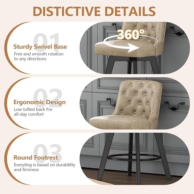 MINCETA Bar Stools Set of 2, PU Leather Barstools, 26 Inch Upholstered Counter Stools with Low Tufted Back and Footrest, Swivel Counter Height Barstools for Kitchen Island Home Bar Khaki