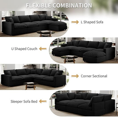 Modern Sectional Linen Couch for Living Room U-Shape Sofas,6 Seat Modular Cloud Sofas,Couches Cushion Covers Removable,Cozy Feather Down Sofa for Apartment Black
