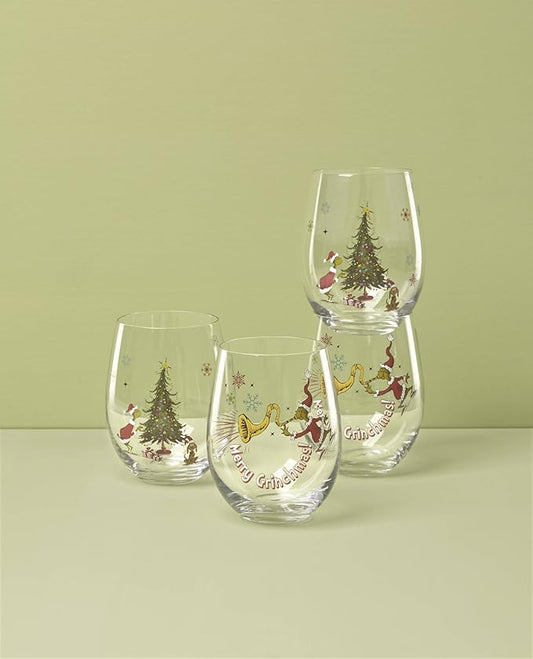 Lenox 896895 Merry Grinchmas Glass Tumblers, Set of 4, Assorted, Christmas Drinkware, Holiday Hosting