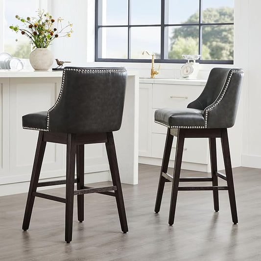 CHITA Counter Height Swivel Bar Stools Set of 2, FSC Certified Upholstered Counter Stools, Modern Swivel Barstools with Wood Legs for Kitchen Island, 30" Seat Height, Faux Leather in Retro Grey