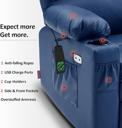 MCombo Large Dual Motor Power Lift Recliner Chair for Elderly, Massage and Heat, Lay Flat, Zero Gravity, Home Button, USB Port, Faux Leather 7680 (Navy Blue, Large)