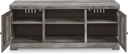 Signature Design by Ashley Wynnlow Rustic 4-Piece Entertainment Center for TVs up to 72" with Electric Fireplace, LED Lighting and Adjustable Temperature, Gray