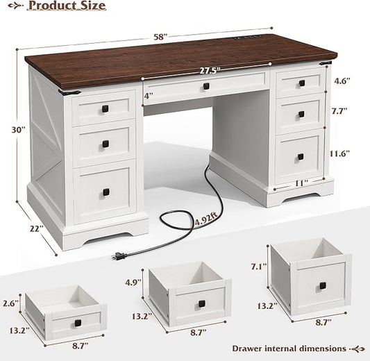 EnHomee 58" W Farmhouse Executive Desk with Drawers, Wood Home Office Desks with Power Outlets, Rustic Computer Desk with Storage Cabinet for Working, Studying, Writing, White + Brown