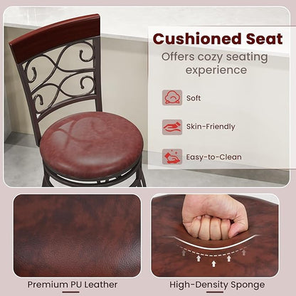 Giantex 30" Swivel Bar Stools Set of 4, Bar Height Bar Stools w/Back, Upholstered PU Leather Seat, Footrest, Max Load 330Lbs, Vintage Metal Barstools for Kitchen Island, Dining Room, Rustic Brown