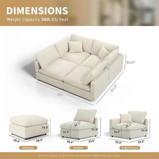 Cloud Couches Linen Sleeper Sofa Bed,Modern Sectional Sofa Couch for Living Room,Cushion Covers Removable,Cozy Feather Down Sofa for Apartment Beige