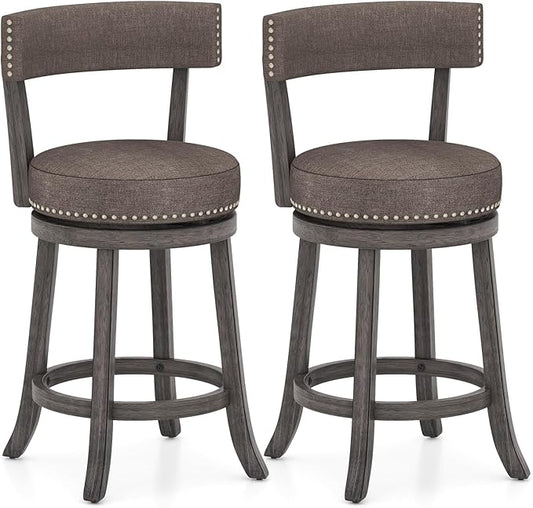 COSTWAY Bar Stools Set of 2, Upholstered Farmhouse Bar stools w/Cushioned Seat & Backrest, Solid Wood Legs, Footrest, 26” Counter Height Swivel Stools for Kitchen Island, Pub (2, 26'' Seat Height)