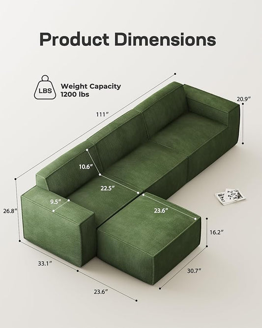 Marsail Modular Sectional Sofa, 111" L-Shaped Cloud Boneless Sectional Couch with Deep Seat, Freely Combinable Modern Sofa for Living Room, No Assembly, Plush Corduroy Fabric, Green